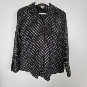 Chicos Women Black White Grid Print No Iron Cotton Button-Up Shirt Size 0 US 4/6